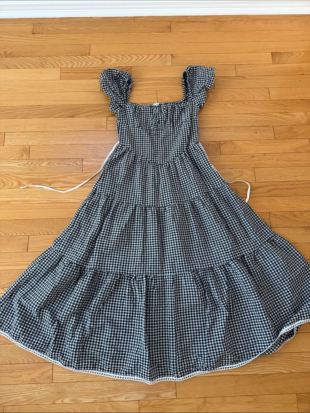Vintage Black & White Gingham Maxi Dress with Ruffle Straps